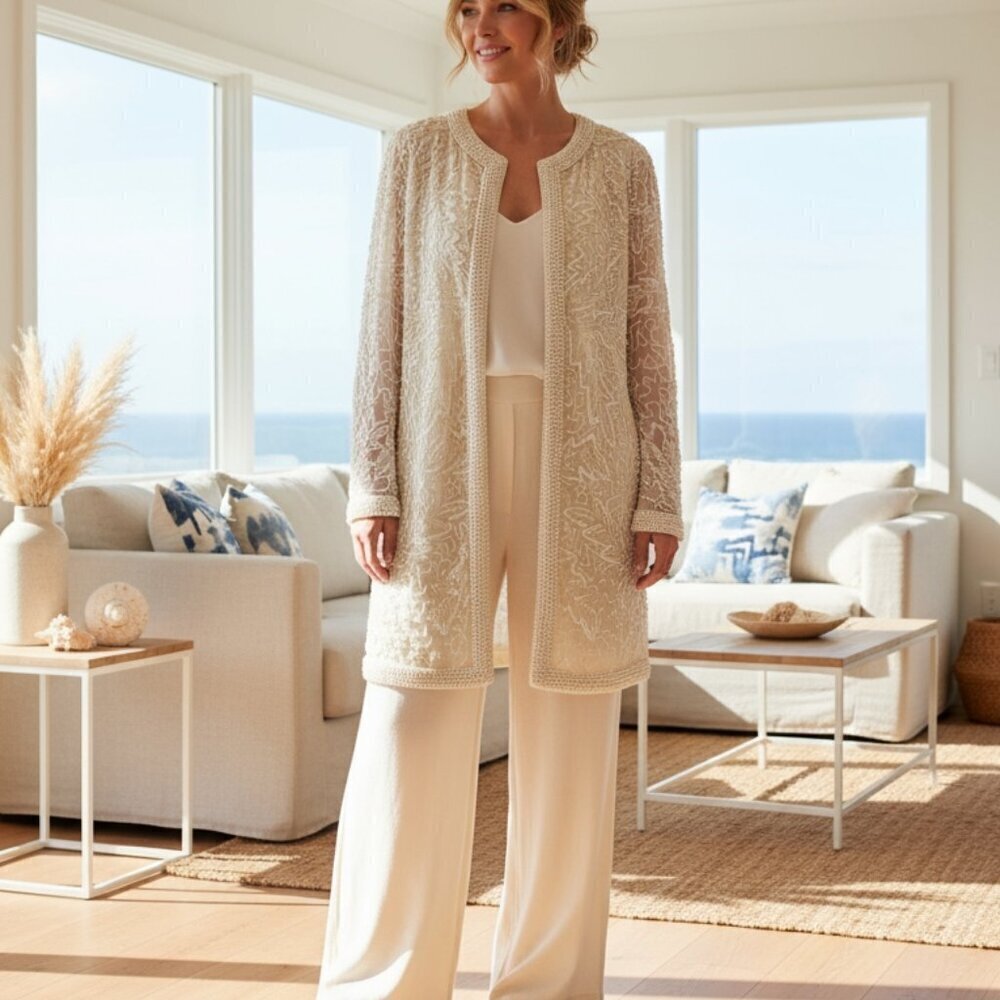 Vintage Zenith Fashion Silk Cream Ivory White Beaded Jacket Coatsz S